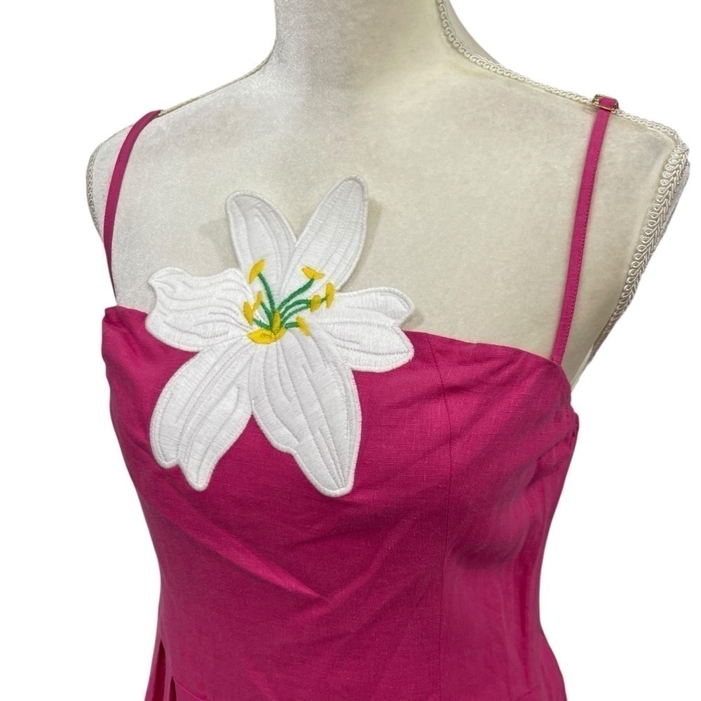 Fanm Mon LORR LINEN LATRICE DRESS Fuchsia Flower Embroidered Pleats Pockets $389 - Picture 5 of 12